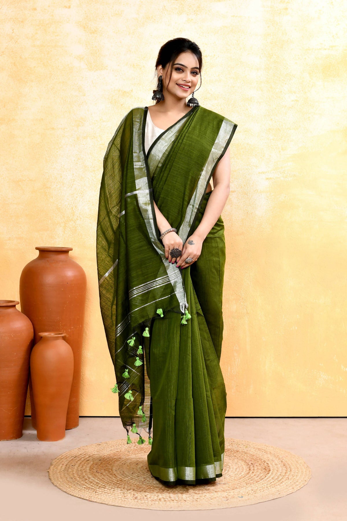 Moss Green Cotton Blend Handloom Saree with Embellished Zari Border