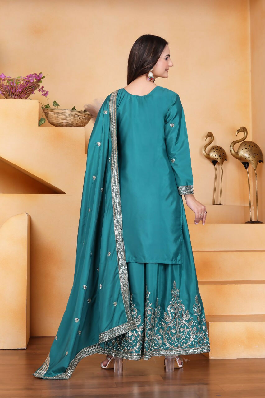 Teal Crepe Embroidered Sharara Set with Kurti