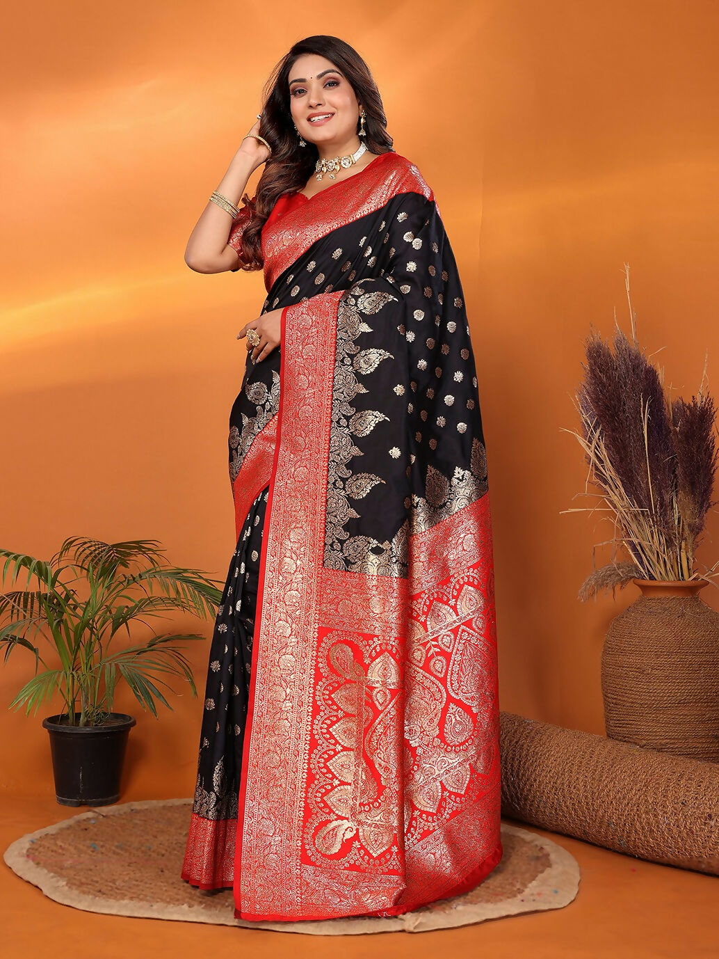 Black Banarasi Woven Soft Silk Saree with Matching Blouse