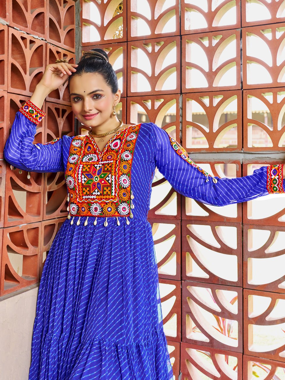 Prazu Fashion Blue Georgette Bandhani Print Work With Kutchi Patch-Work Navaratri Gown