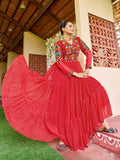 Prazu Fashion Red Georgette Bandhani Print Work With Kutchi Patch-Work Navaratri Gown
