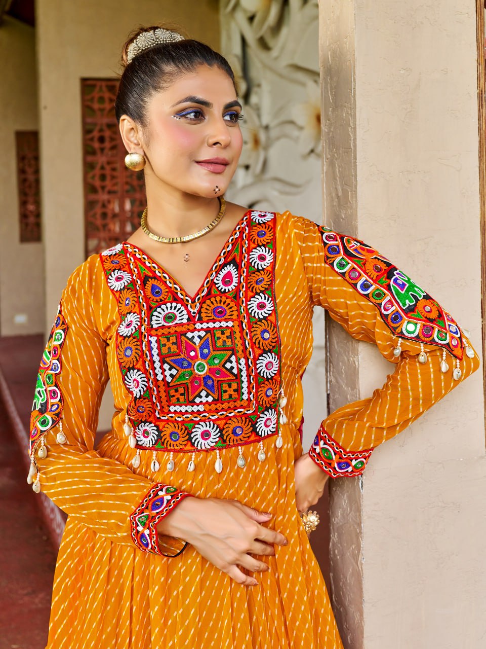 Yellow Georgette Bandhani Print Gown with Kutchi Patchwork
