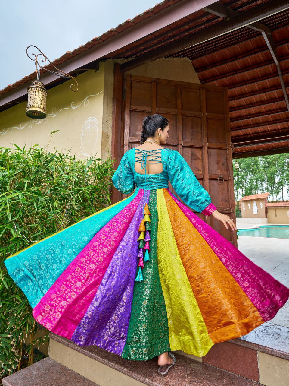 Multi-Color Gold-Toned Viscose Weaving Navaratri Gown