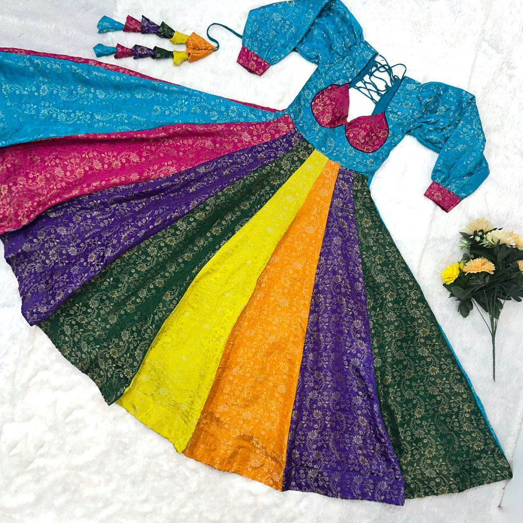 Multi-Color Gold-Toned Viscose Weaving Navaratri Gown