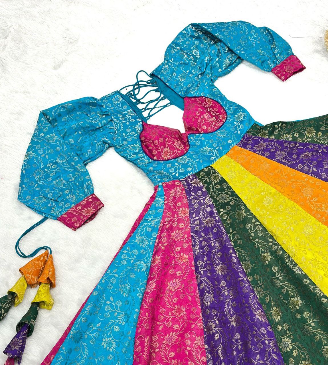 Multi-Color Gold-Toned Viscose Weaving Navaratri Gown