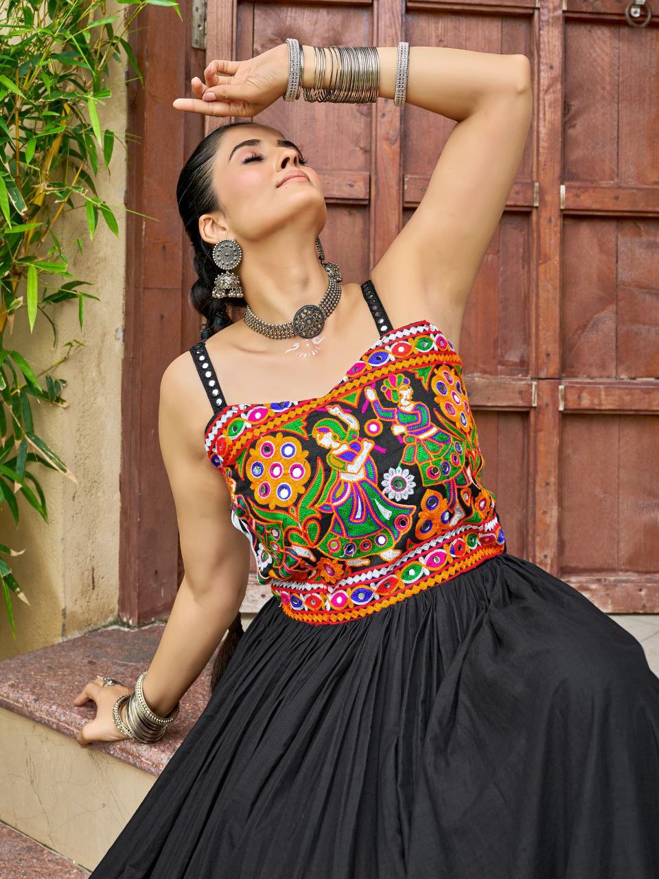 Black Cotton Navaratri Gown with Gaamathi Mirror Work