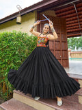 Black cotton gown with traditional Gaamathi mirror work for Navaratri festival