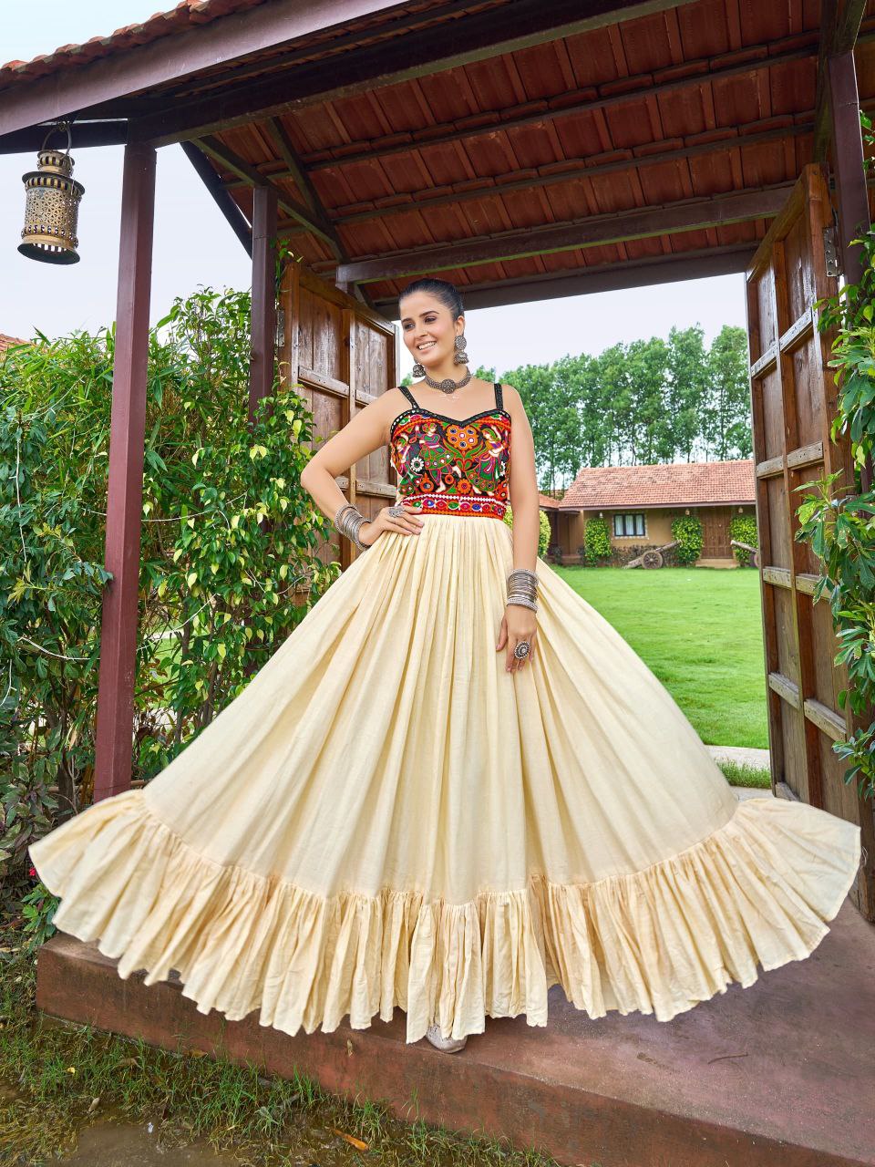 Cream soft cotton Navaratri gown with traditional Gaamathi-mirror work