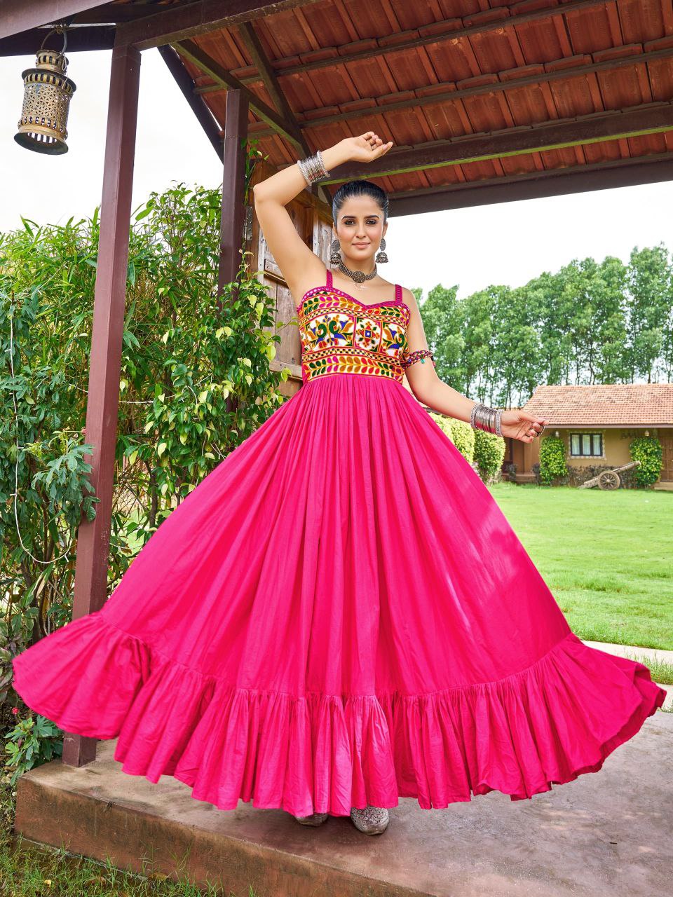 Pink cotton gown with traditional mirror-work and Gaamathi detailing
