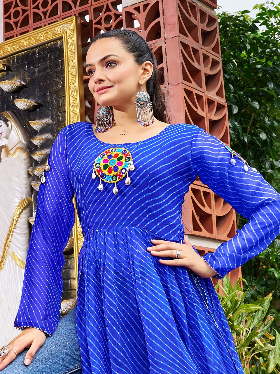 Prazu Fashion Blue Georgette Bandhani Print Work With Kutchi Patch-Work Navaratri Kurti