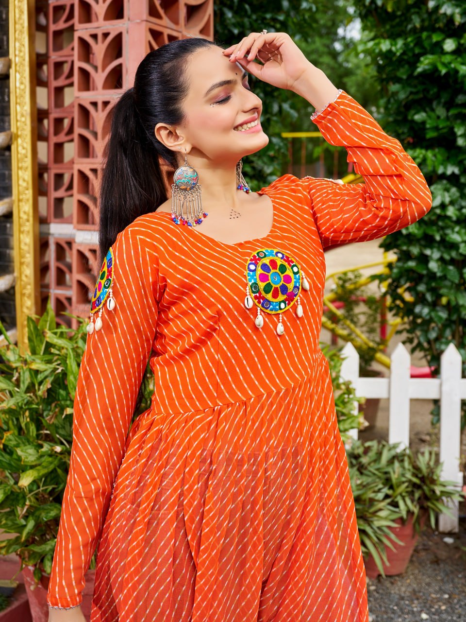 Orange Bandhani Print Faux Georgette Maxi Kurti with Kutchi Patchwork