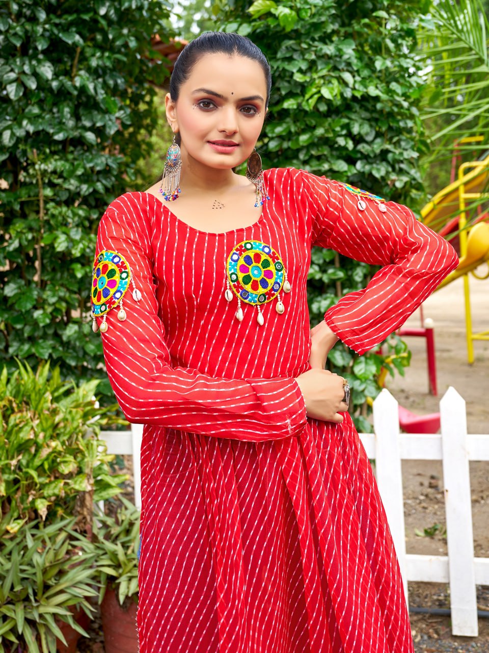 Red Georgette Bandhani Print Kurti with Kutchi Patch-Work