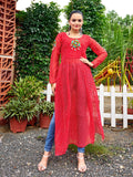 Red georgette kurti featuring traditional Bandhani print and Kutchi patch-work