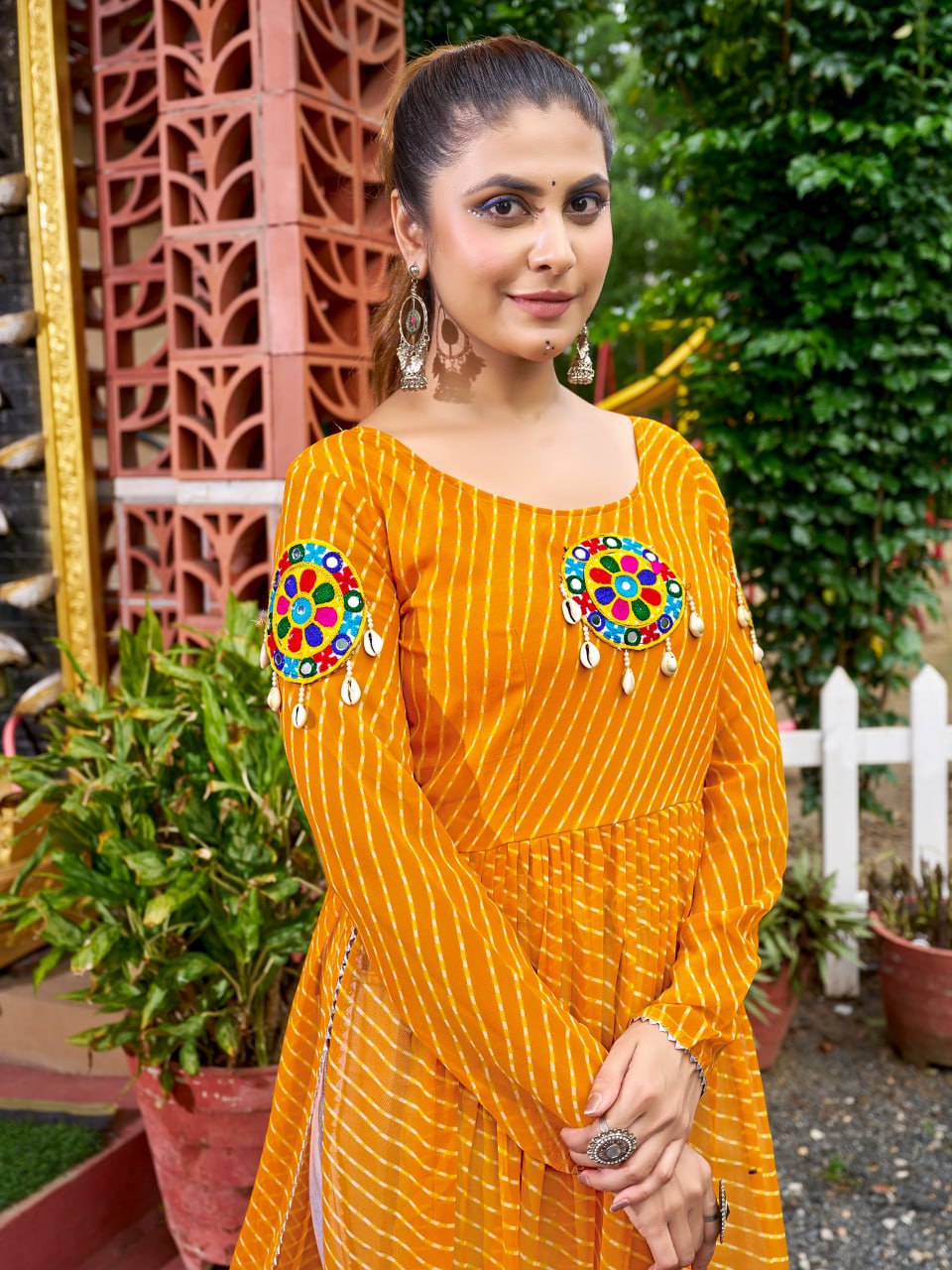 Yellow Georgette Bandhani Print Kurti with Kutchi Patchwork