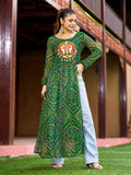 Green Georgette Bandhani Kurti with traditional Kutchi patch-work