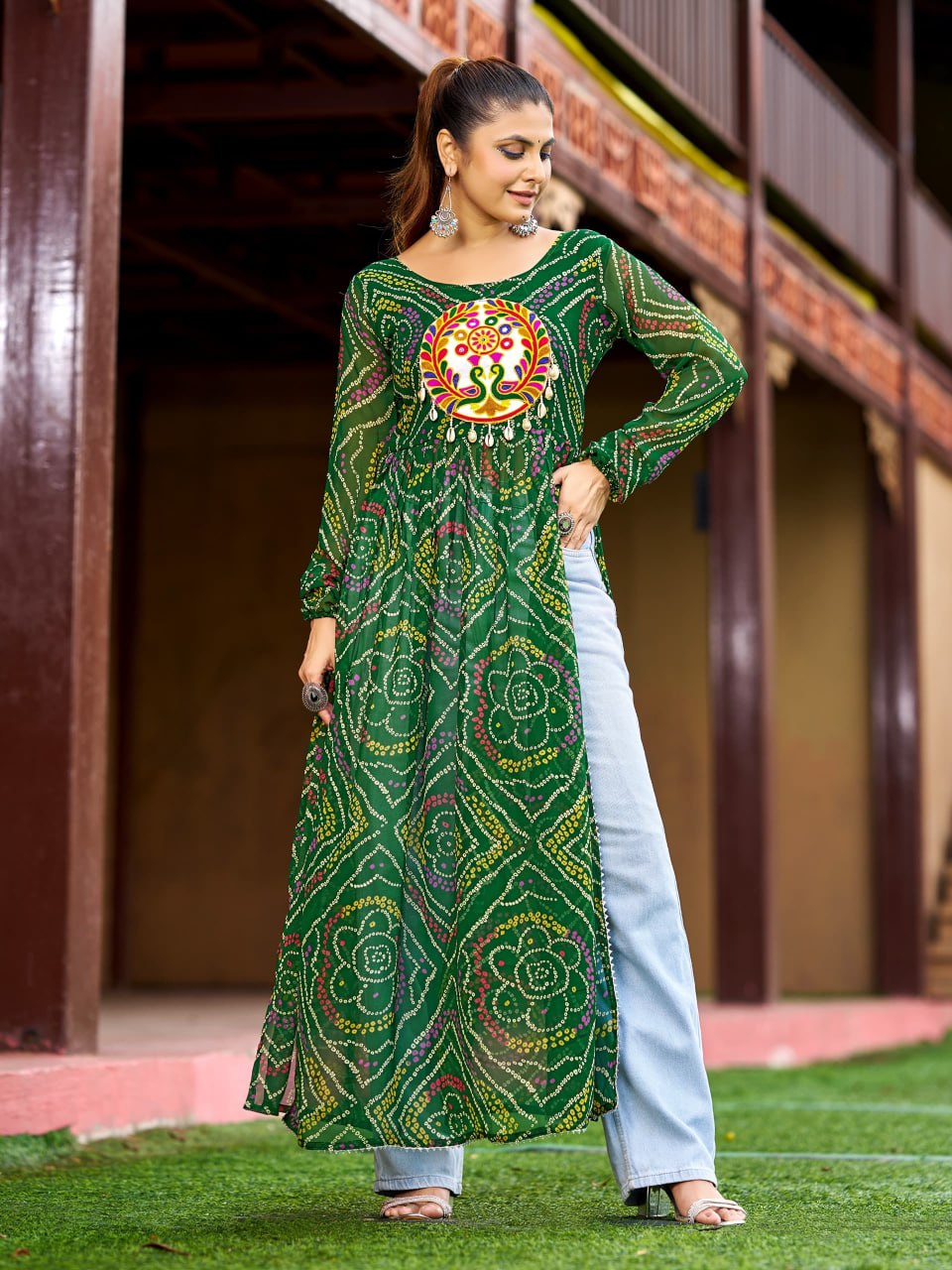 Green Georgette Bandhani Kurti with traditional Kutchi patch-work