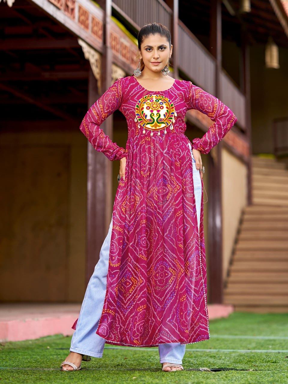 Pink Georgette Bandhani Kurti with detailed Kutchi patch-work