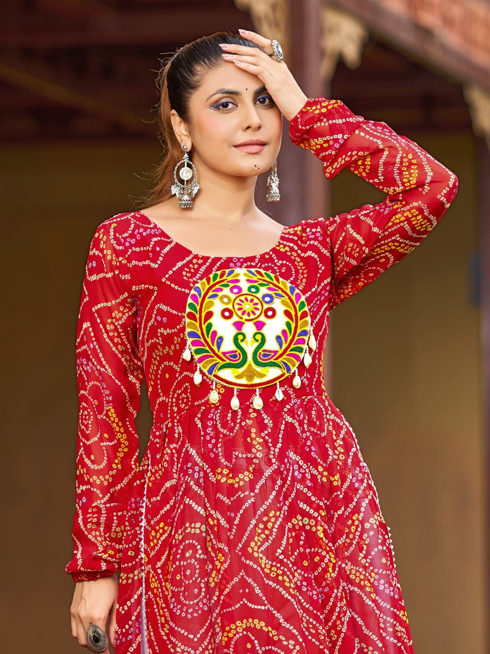 Red Georgette Bandhani Kurti with Traditional Kutchi Patch-Work