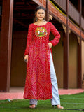 Red Georgette Bandhani Kurti with traditional Kutchi patch-work