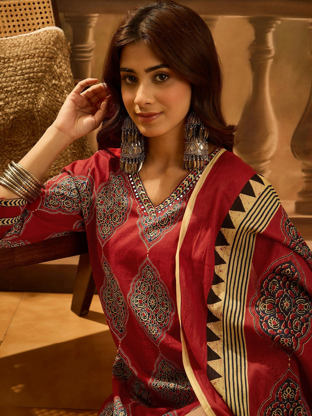 Printed Maroon Pure Cotton Kurta Set for Women