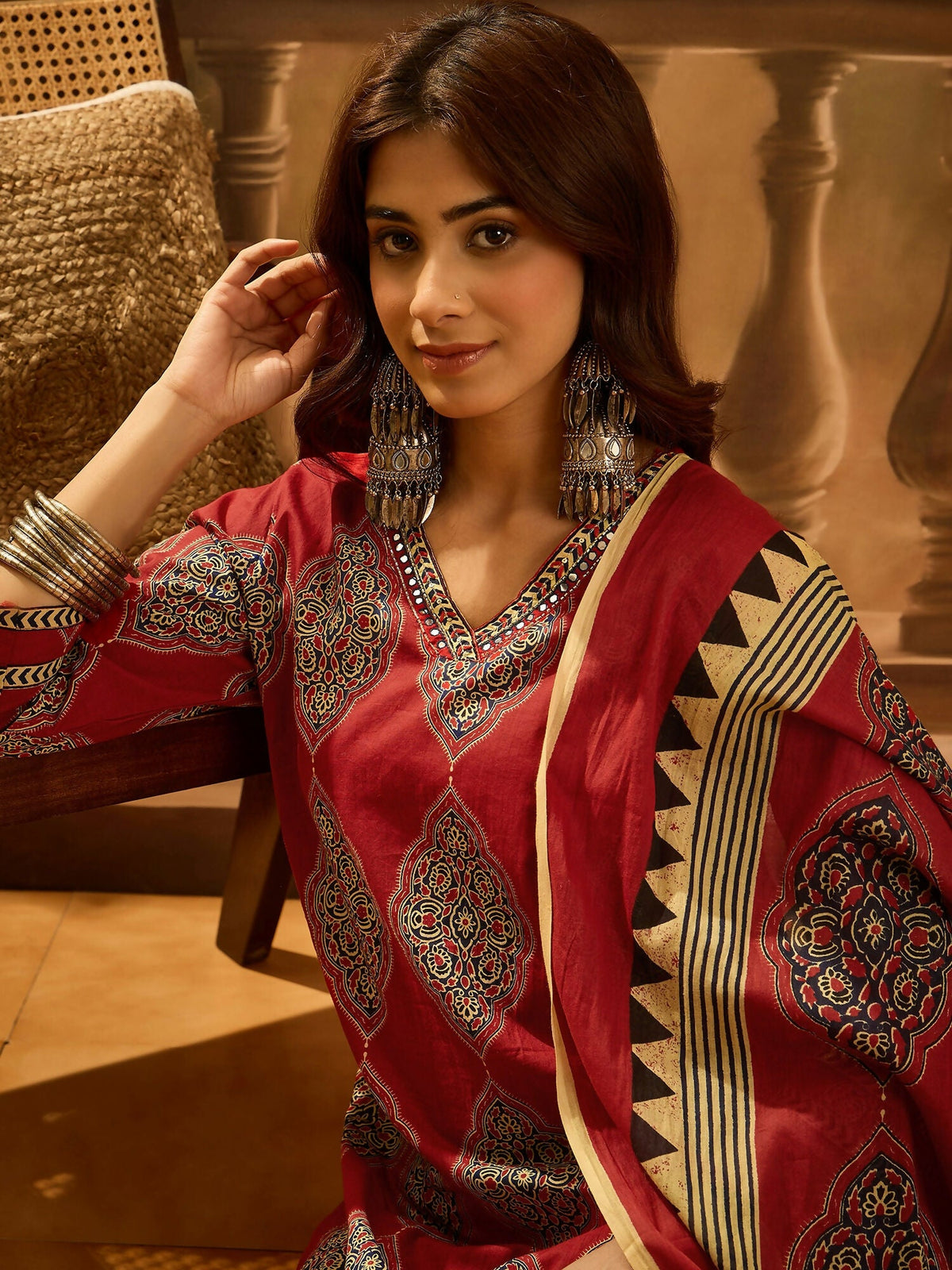 Printed Maroon Pure Cotton Kurta Set for Women