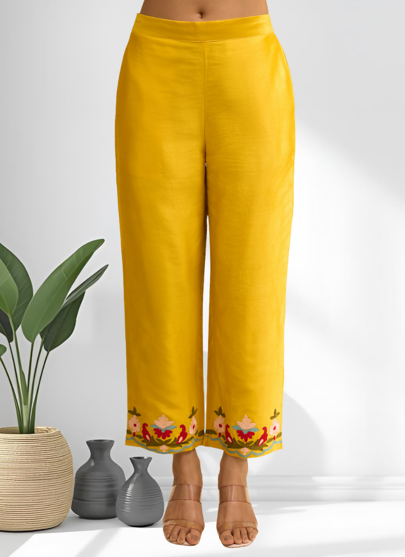 Yellow Silk Embroidered Long Kurta with Matching Pant Set