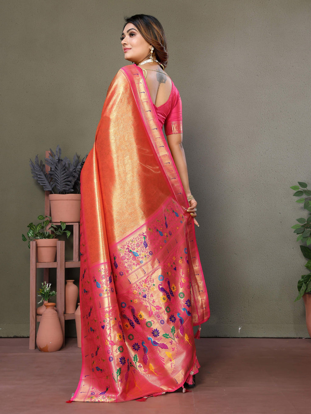 Orange Tissue Silk Paithani Woven Saree with Contrast Pink Blouse