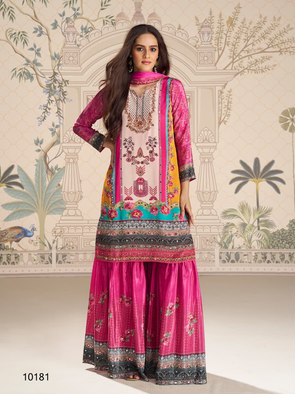 Aarshi Fashions pink heavy crepe straight kurta with digital print and palazzo bottoms