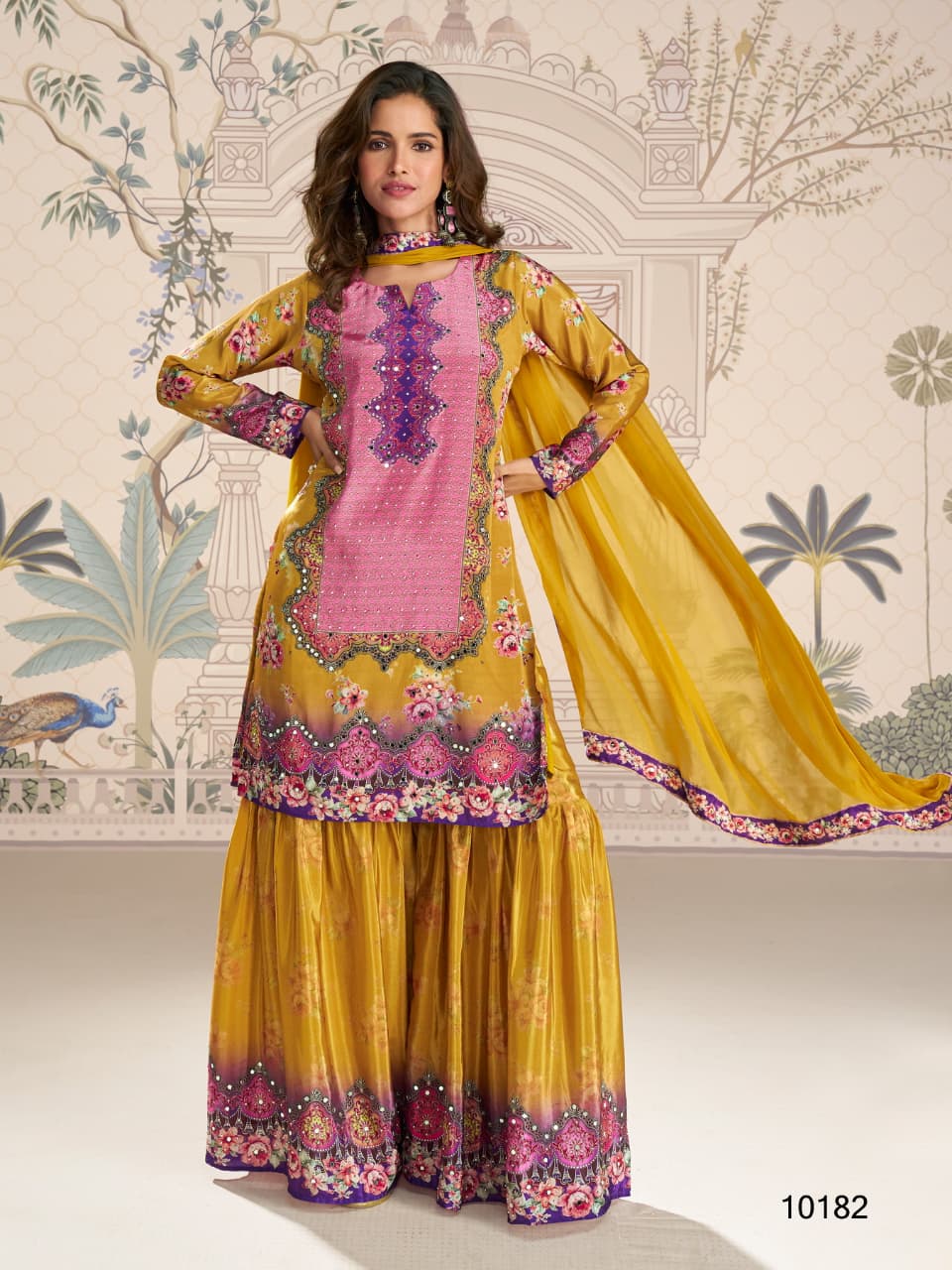 Aarshi Fashions yellow and pink digital print crepe straight kurta with palazzo pants