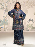 Navy blue heavy crepe straight kurta with digital print and matching palazzo pants.