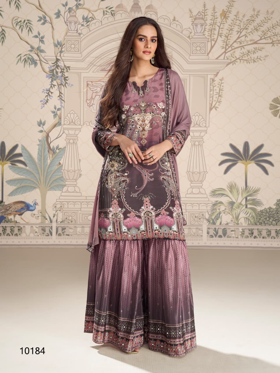 Aarshi Fashions lilac heavy crepe straight kurta with digital print and matching palazzo pants