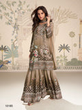 Woman wearing a brown heavy crepe digital print straight kurta and palazzo pants set