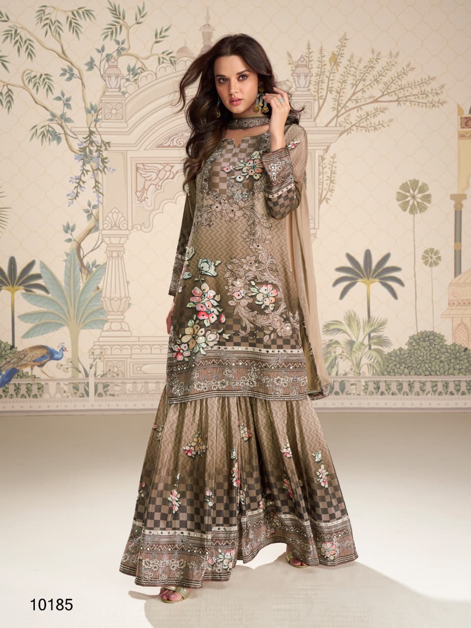Woman wearing a brown heavy crepe digital print straight kurta and palazzo pants set