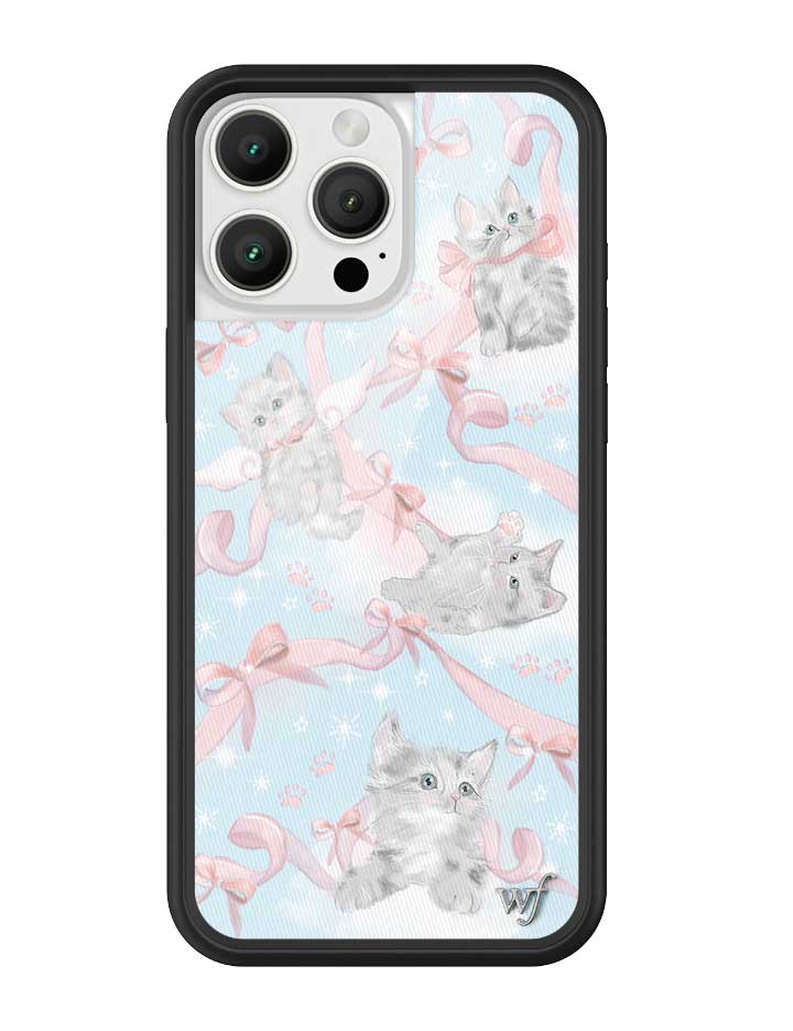 Kitten Around iPhone case featuring kittens, pink bows, and stars on a light blue background with a black protective bumper.