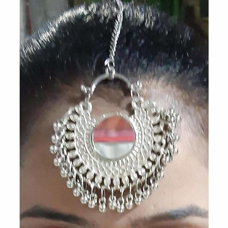 Silver oxidized Chandbali maang tikka with mirror detail for traditional and ethnic styling