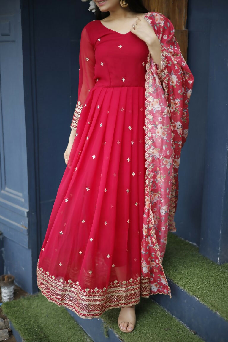 Red Faux Blooming Anarkali Dress with Zari & Sequins Embroidery