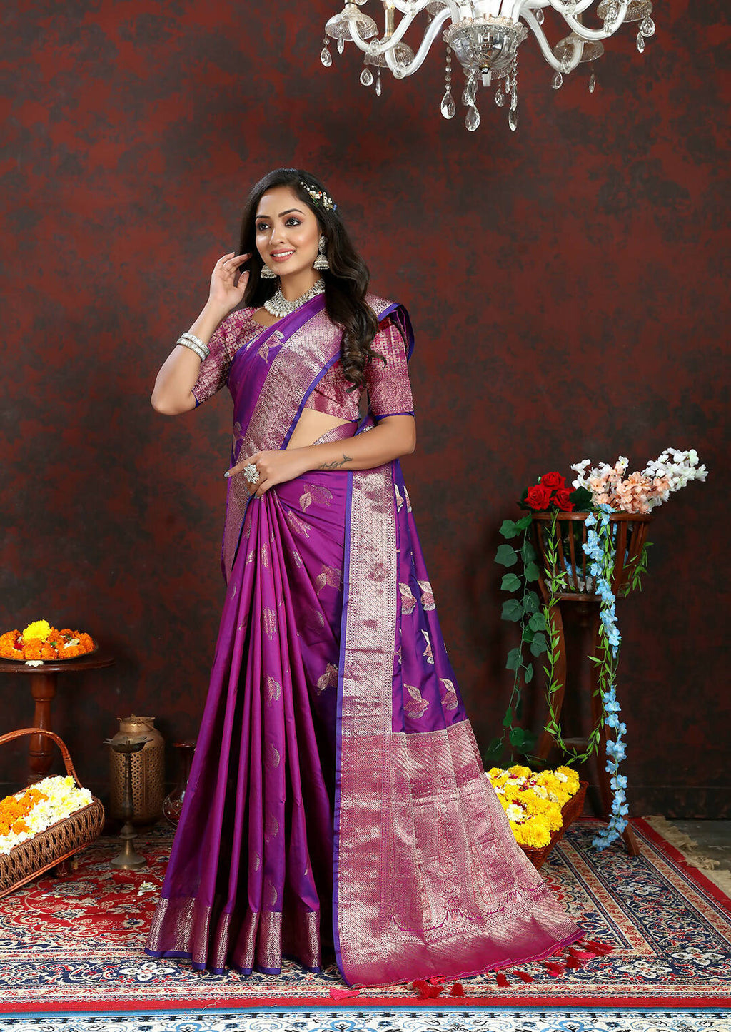 Purple Soft Silk Saree with Intricate Zari Weaving Design