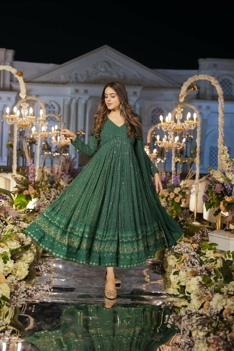 Green Faux Georgette Anarkali Dress with Zari & Sequence