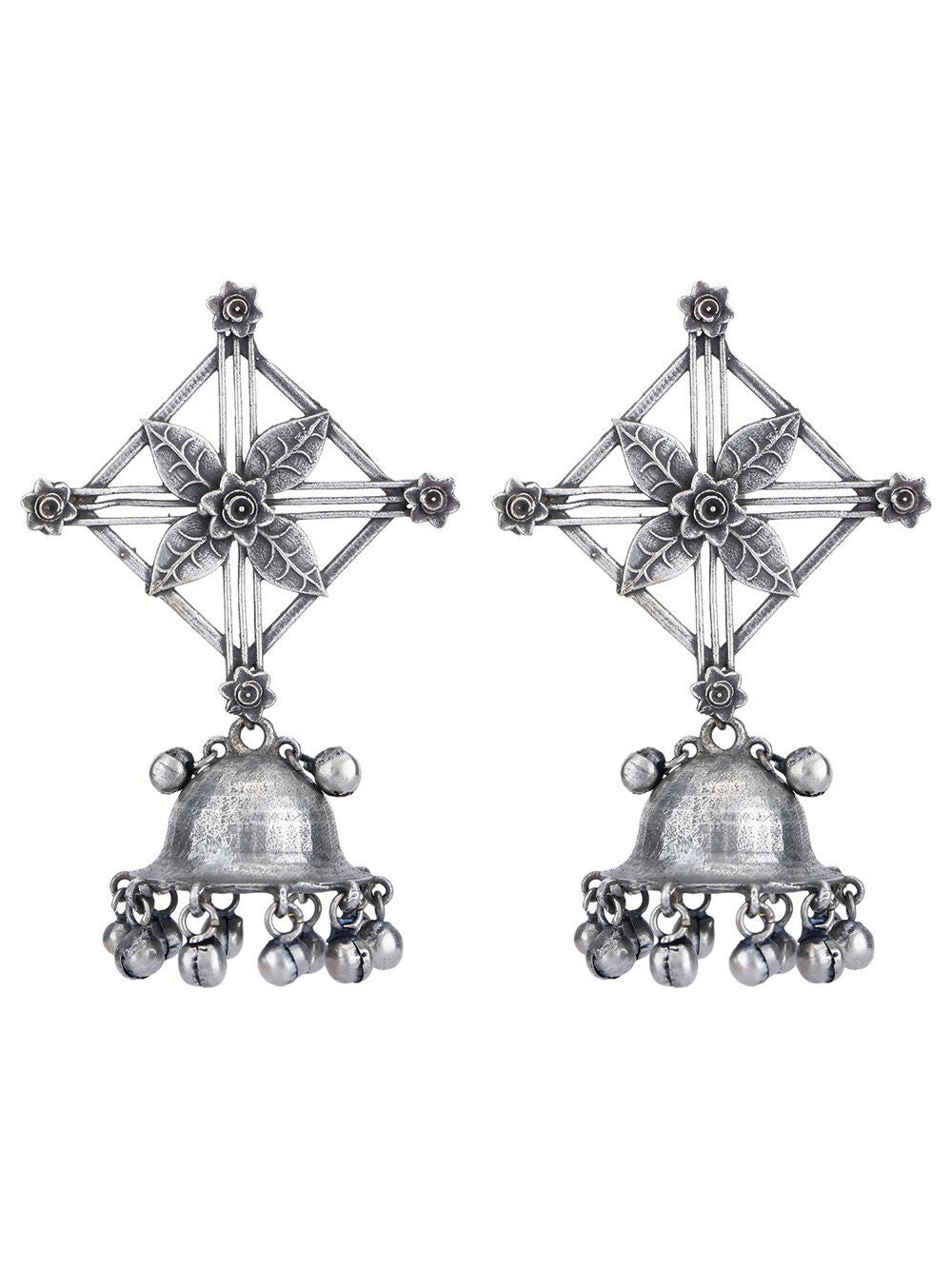 Silver Tone Brass Ghungroo Jhumka Earrings with Stones