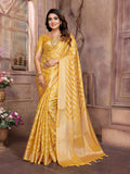 Aastha Fashion Yellow Soft Organza Silk Weaving Saree with detailed weave texture