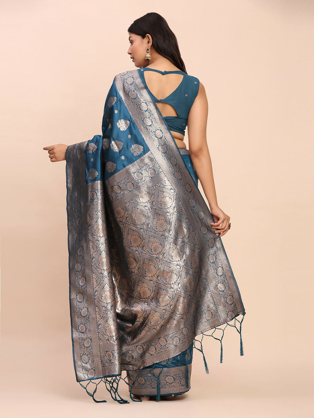 Teal Blue Banarasi Silk Saree with Matching Blouse Piece