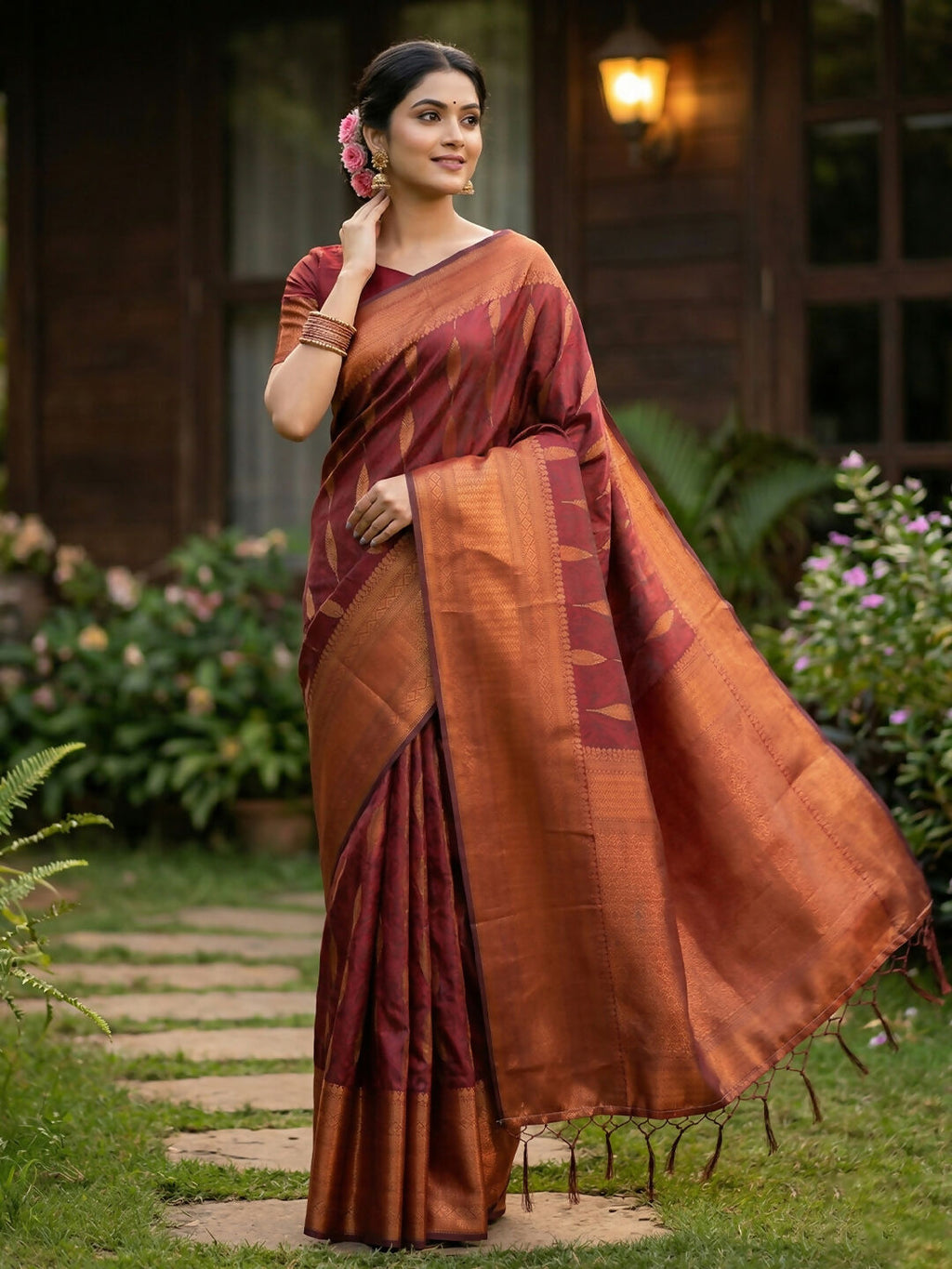 Luxurious maroon silk blend saree, elegant choice for wedding and festive occasions