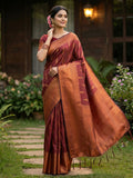 Luxurious maroon silk blend saree, elegant choice for wedding and festive occasions