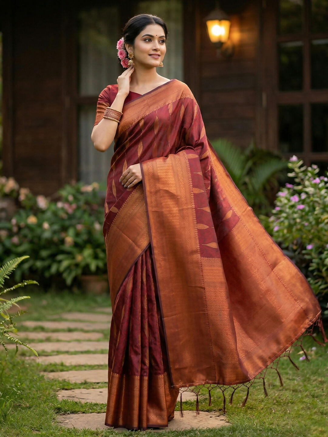 Luxurious maroon silk blend saree, elegant choice for wedding and festive occasions