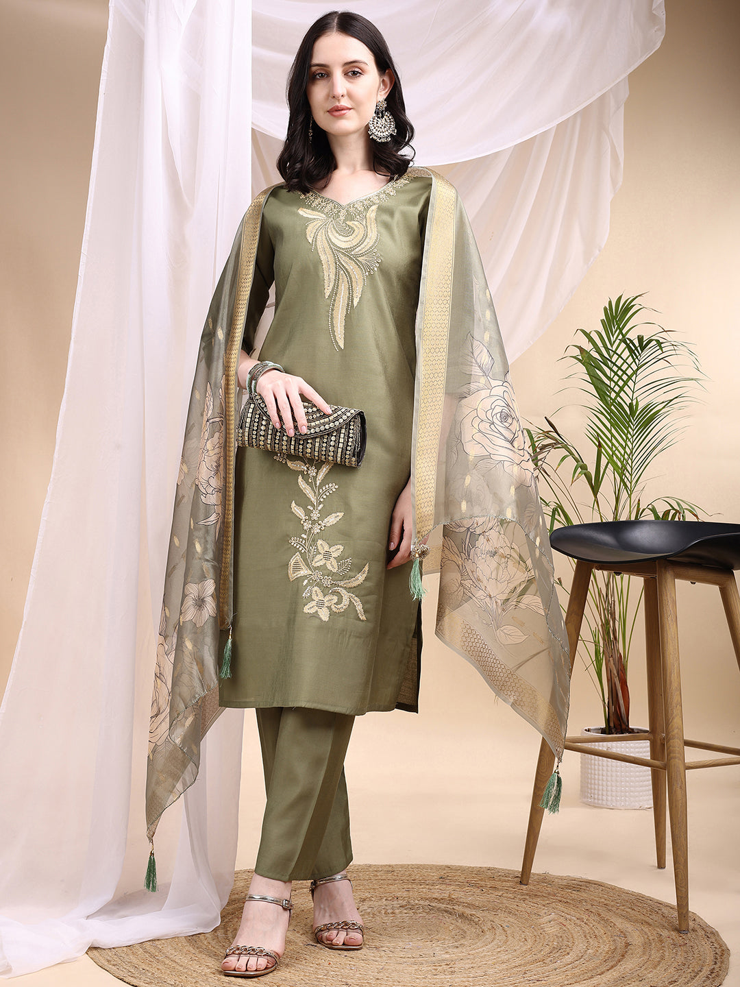 Olive Chanderi Embroidered Kurta Set with Pant and Printed Dupatta