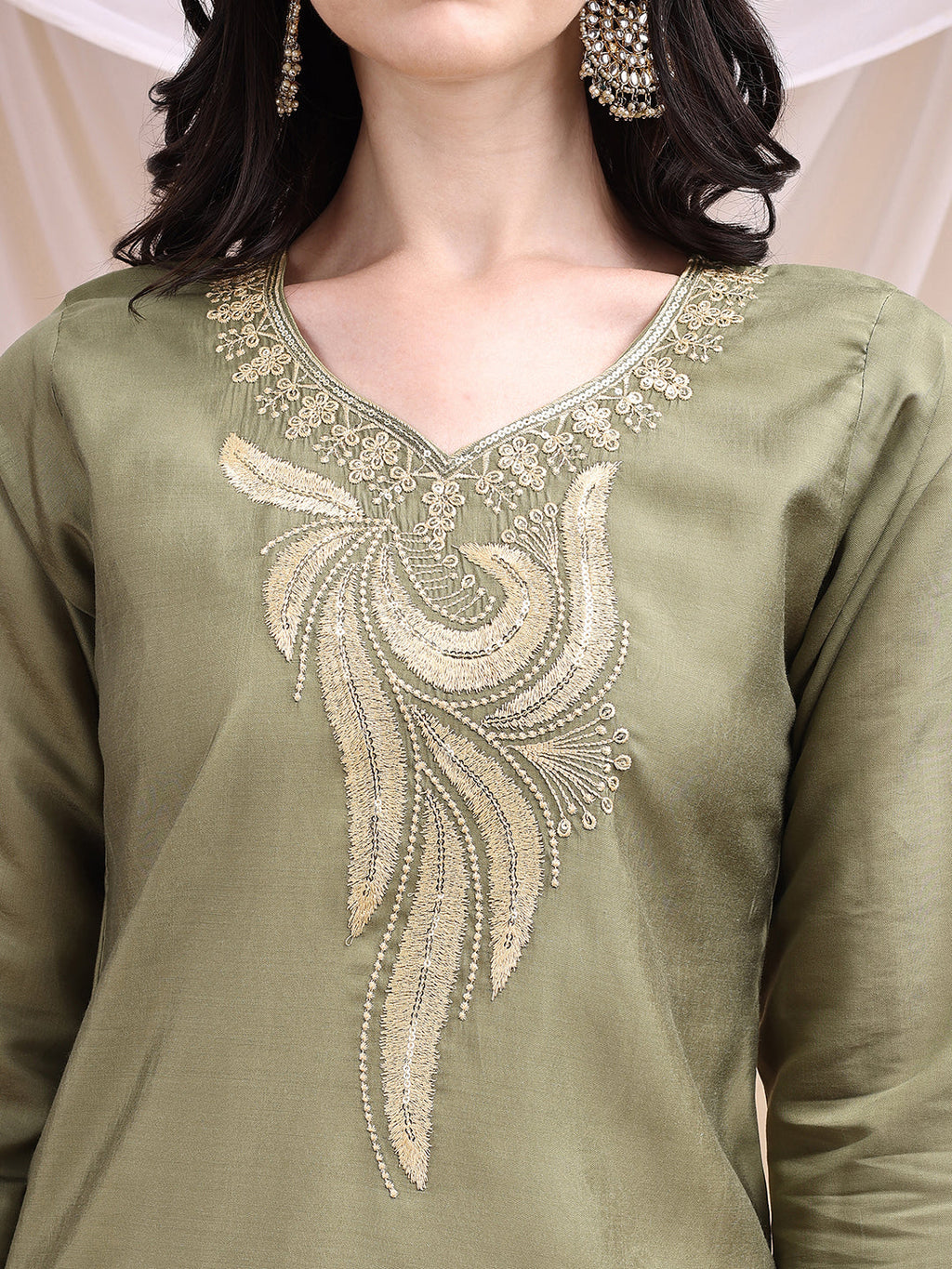 Olive Chanderi Embroidered Kurta Set with Pant and Printed Dupatta