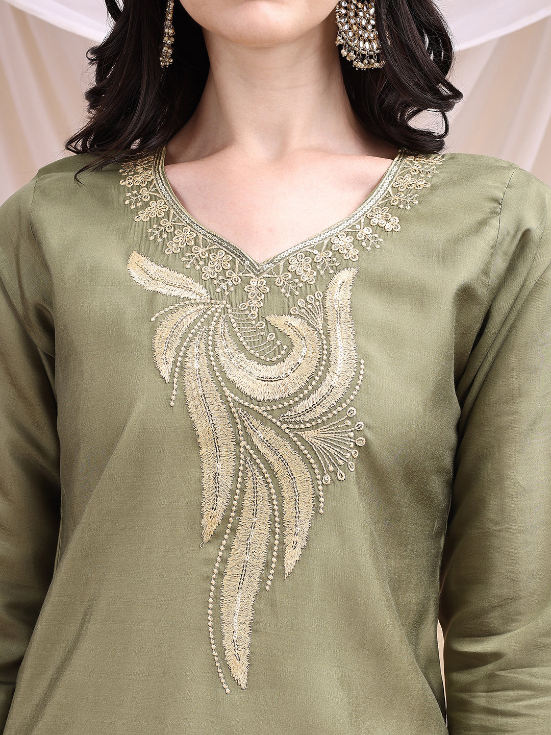 Olive Chanderi Embroidered Kurta Set with Pant and Printed Dupatta