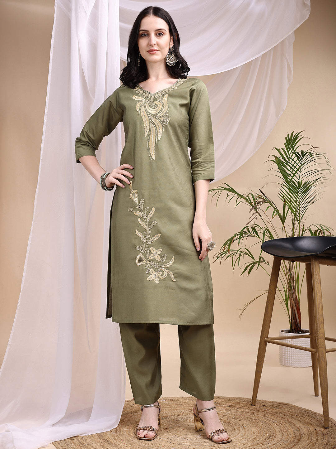 Olive Chanderi Embroidered Kurta Set with Pant and Printed Dupatta