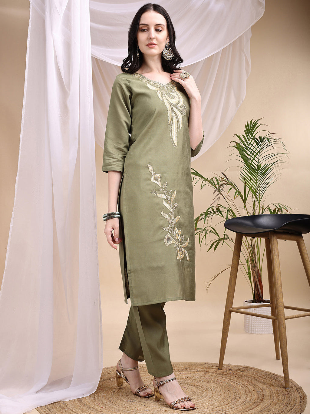 Olive Chanderi Embroidered Kurta Set with Pant and Printed Dupatta