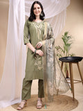 Olive Chanderi embroidered kurta with matching pant and printed dupatta